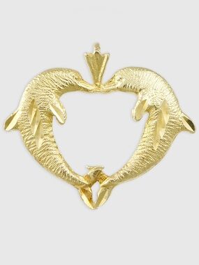 Estate 14K Yellow Gold Dolphin Heart Necklace Pendant